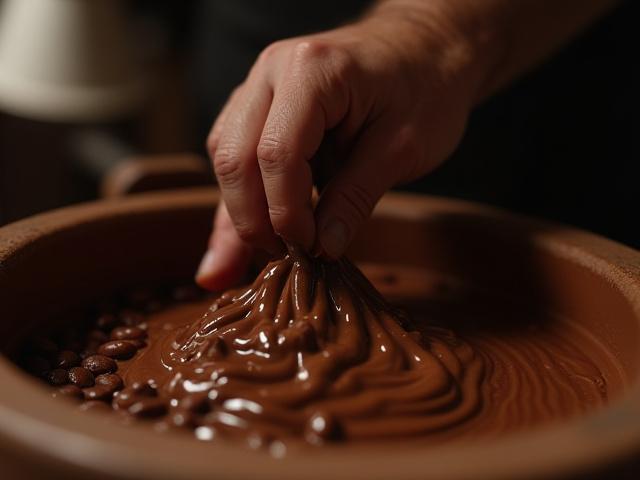 Close-up of a stone melanger gently grinding cacao beans, transforming them into liquid chocolate