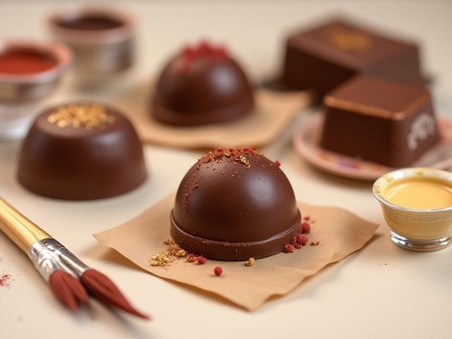 Detailed shot of handmade chocolate molds and artist's brushes used for painting bonbons