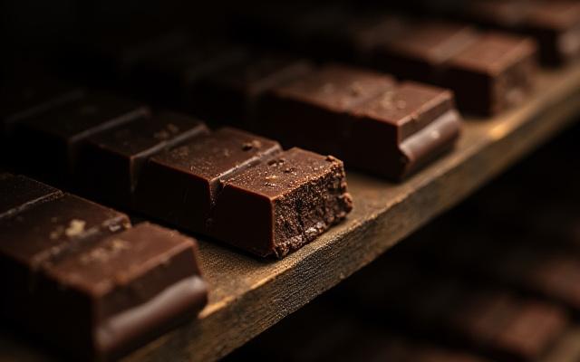 Stacked blocks of chocolate aging on shelves in a temperature-controlled room.