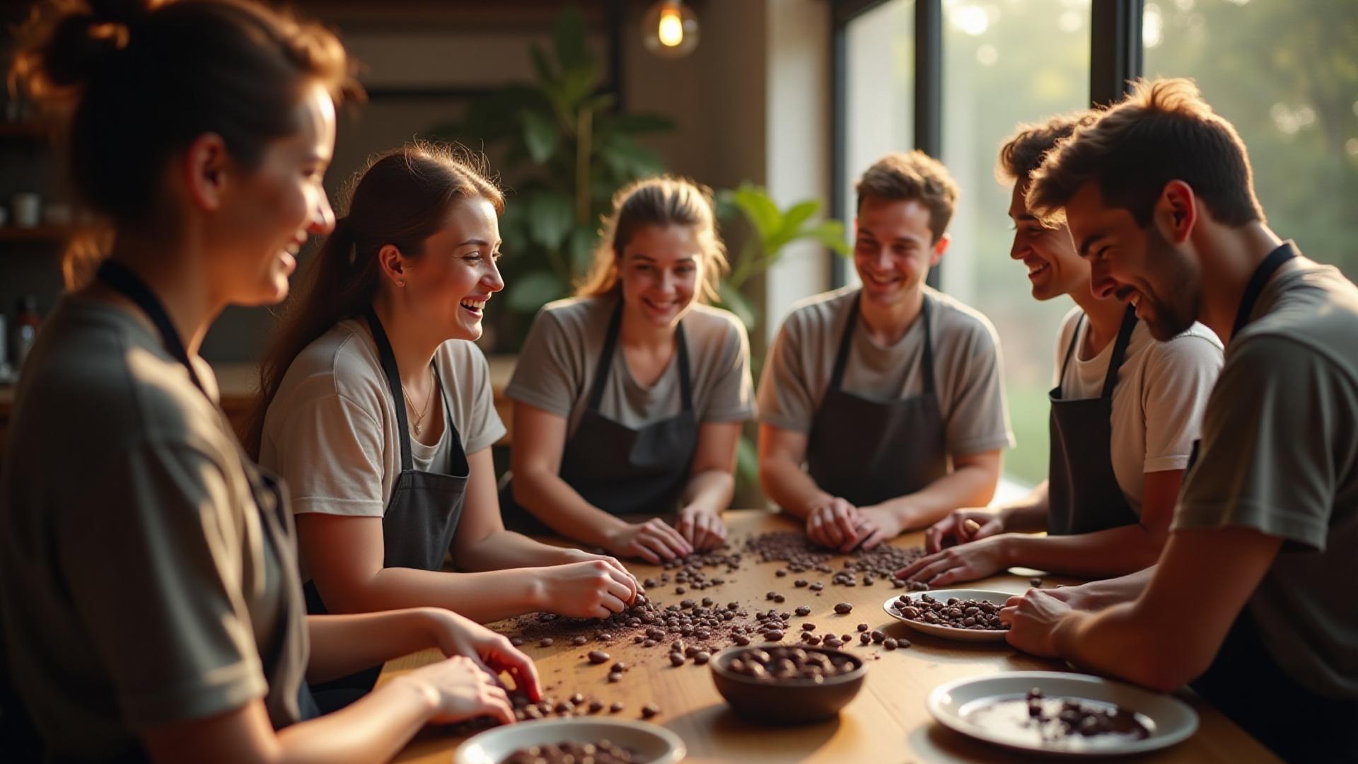 Joyful group enjoying a chocolate workshop, hands on with cacao beans