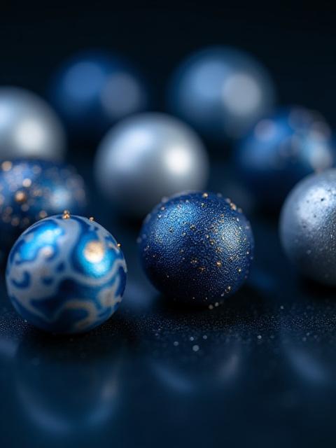 Collection of artisan bonbons, hand-painted with intricate designs in a company's deep blue and silver brand colors.