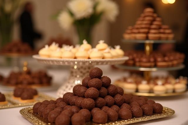 An artful arrangement of individual chocolate truffles and bonbons on a multi-tiered dessert stand for an elegant event.