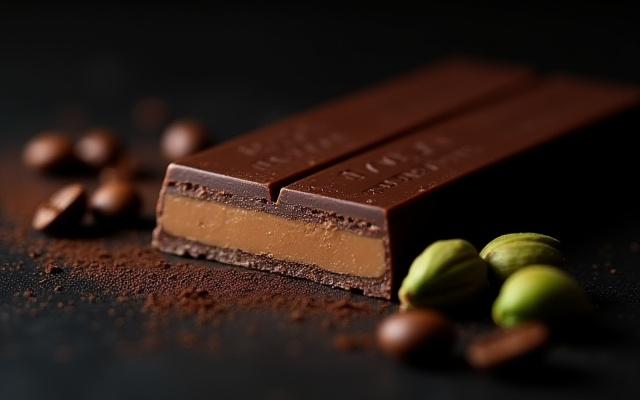 Dark chocolate bar with a visible coffee and cardamom ganache filling