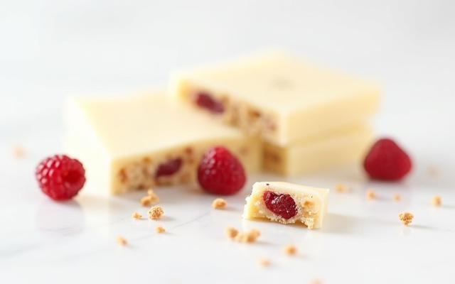 White chocolate bar with red raspberries bits and rye cookie crumb