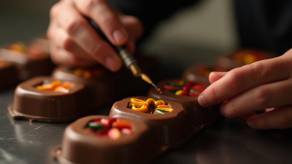 Artisan using an airbrush and fine brushes to paint intricate designs into chocolate molds with colored cocoa butter.