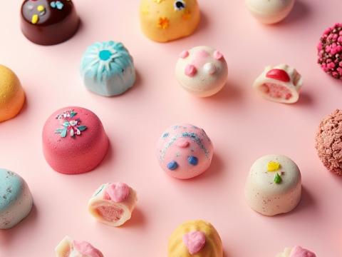 A variety of individual bonbons, artfully arranged, implying customization for a 'Build Your Own Box' option.