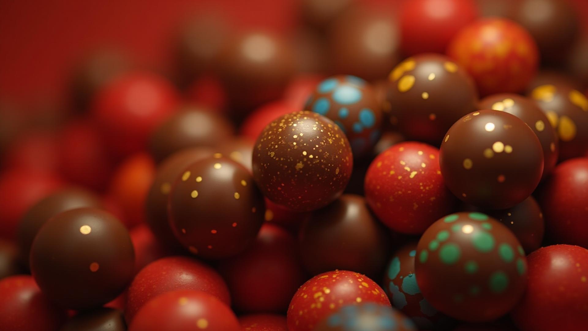 Macro shot of vibrant, hand-painted bonbons arranged artistically, shimmering with cocoa butter designs.