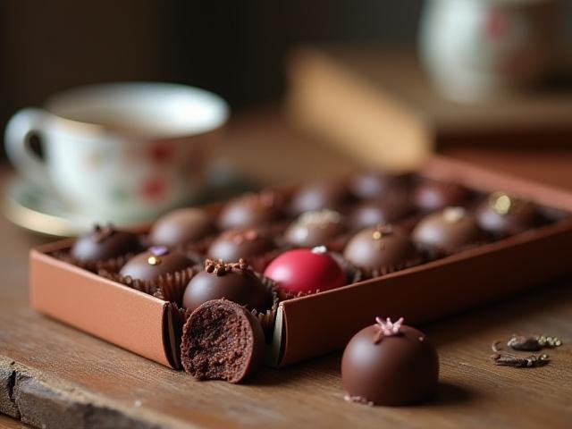 A beautifully arranged box of DAVID C BOGGESS bonbons, partially eaten, showing their rich ganache centers.