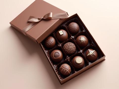 Open 12-piece Vegan Collection bonbon box, dairy-free chocolates with elegant designs.