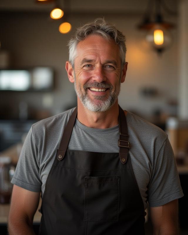 Portait of David C. Boggess, the artisan chocolatier, smiling gently in his modern, clean chocolate workshop.