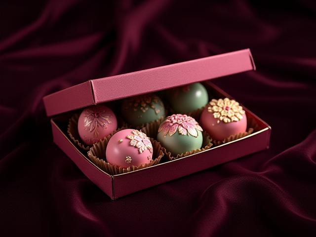 Exquisite hand-painted bonbons, meticulously arranged in a luxury gift box.