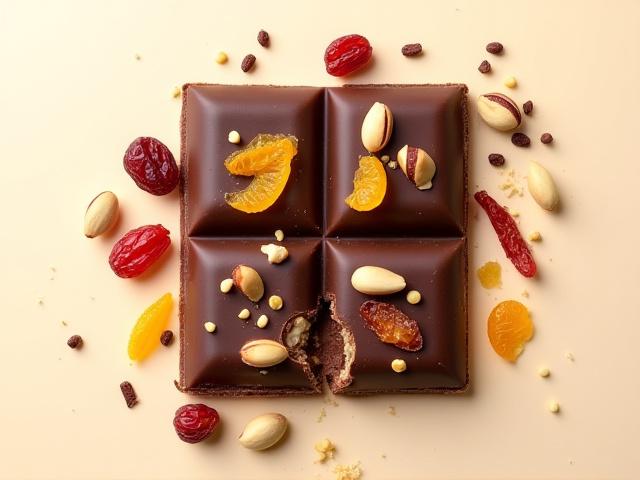A gourmet chocolate bar with visible pistachios and dried cranberries, artfully presented.