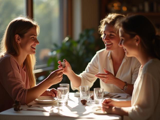 People elegantly tasting chocolate during a workshop, focused and engaged.