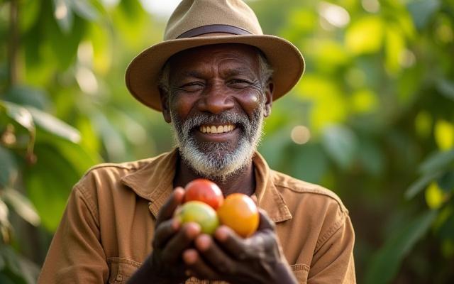 Cacao farmer holding freshly harvested cacao pods with pride in a sunny plantation.