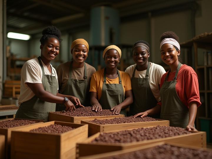 The Kokoa Kamili team proudly standing amidst fermentation boxes in their facility in Tanzania