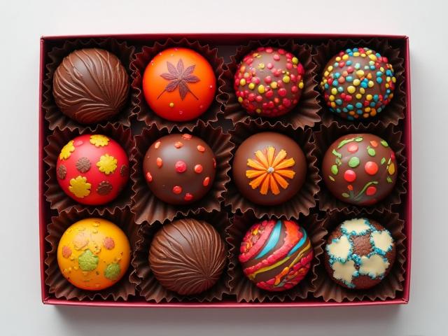 A colorful array of freshly painted chocolate bonbons, still in molds